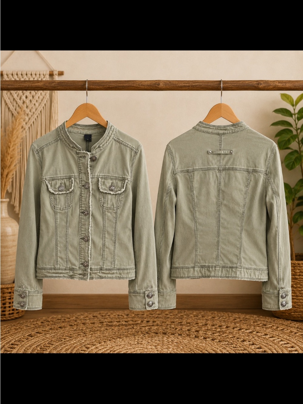 Women's Light Sage Denim Jacket - Classic Button-Up Jean Jacket medium